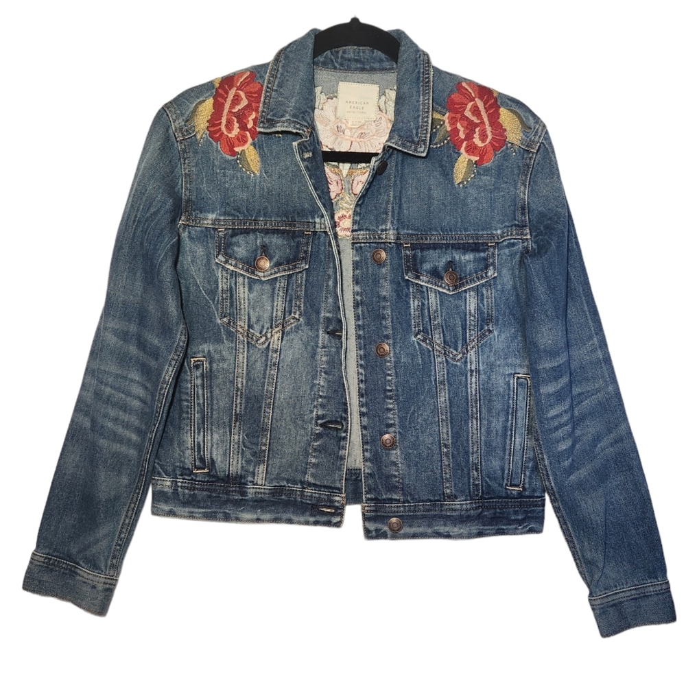 American Eagle Outfitters AE Denim Jean Jacket with Floral Embroidery XS